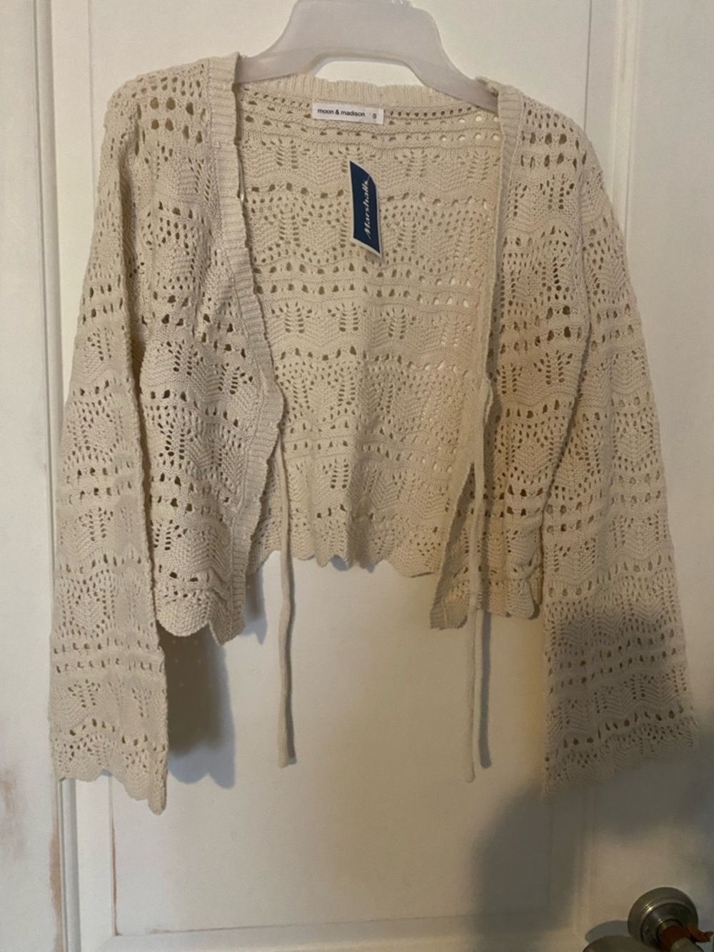 moon & madison Cream Open-Knit Tie-Front Cropped Cardigan